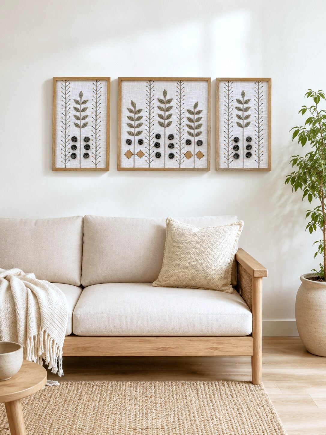 Hand Embroidered Botanical Wall Art Set of 3 – Woodland Olive