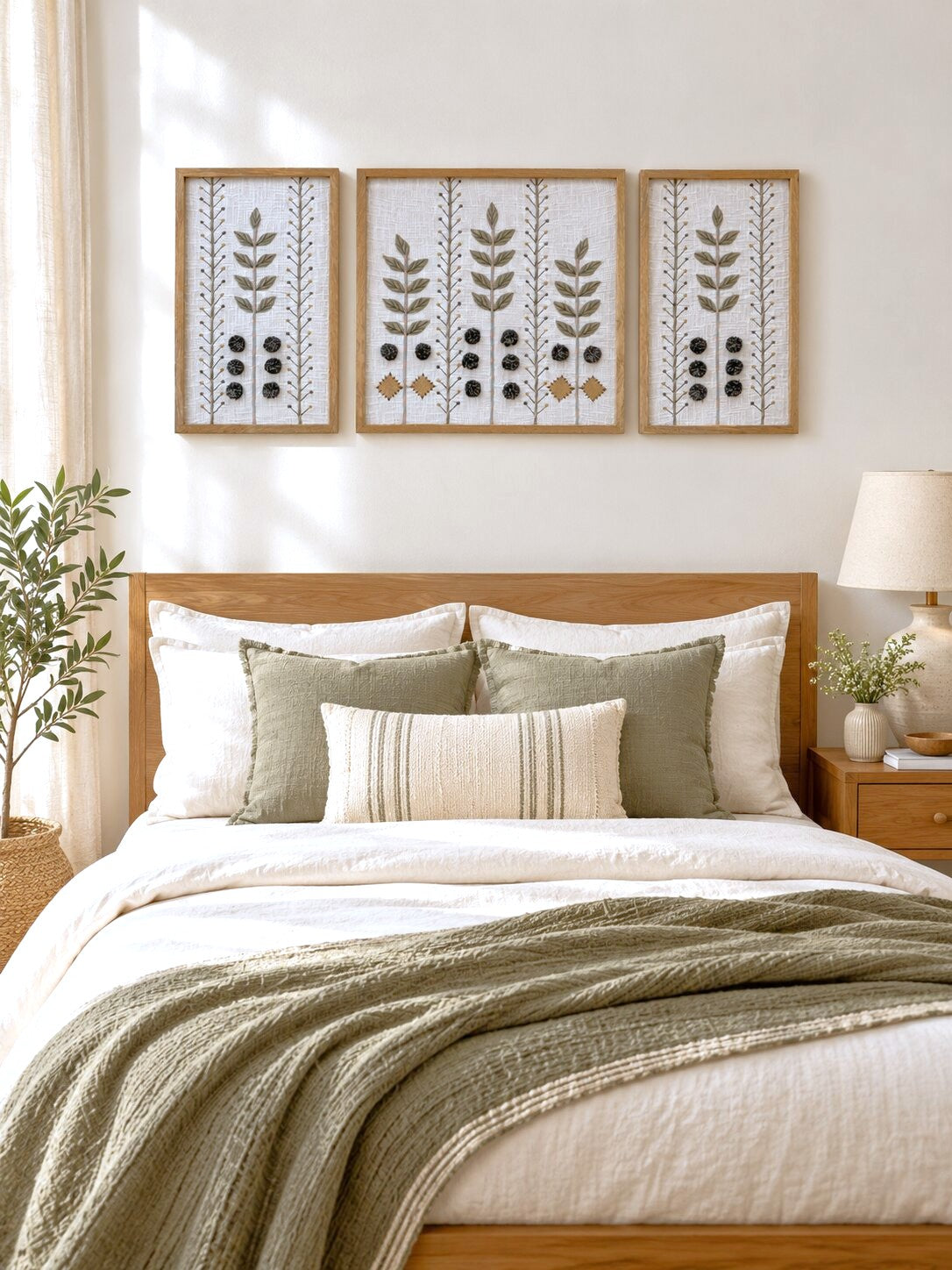 Hand Embroidered Botanical Wall Art Set of 3 – Woodland Olive