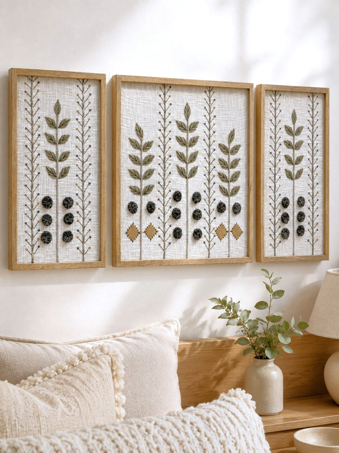 Hand Embroidered Botanical Wall Art Set of 3 – Woodland Olive