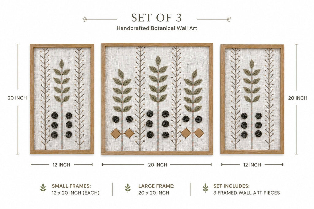 Hand Embroidered Botanical Wall Art Set of 3 – Woodland Olive