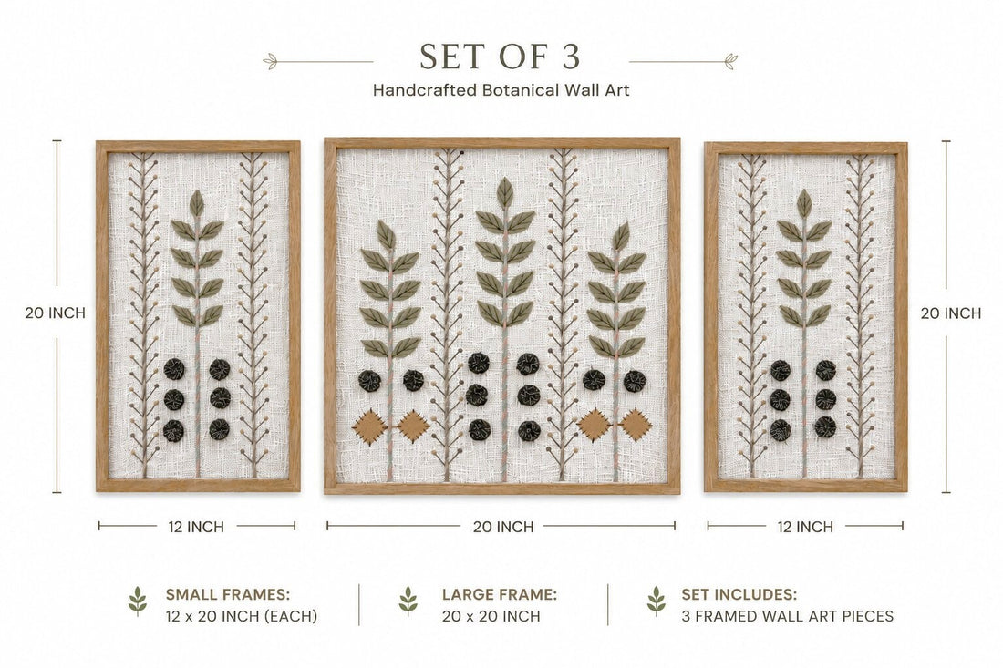 Hand Embroidered Botanical Wall Art Set of 3 – Woodland Olive
