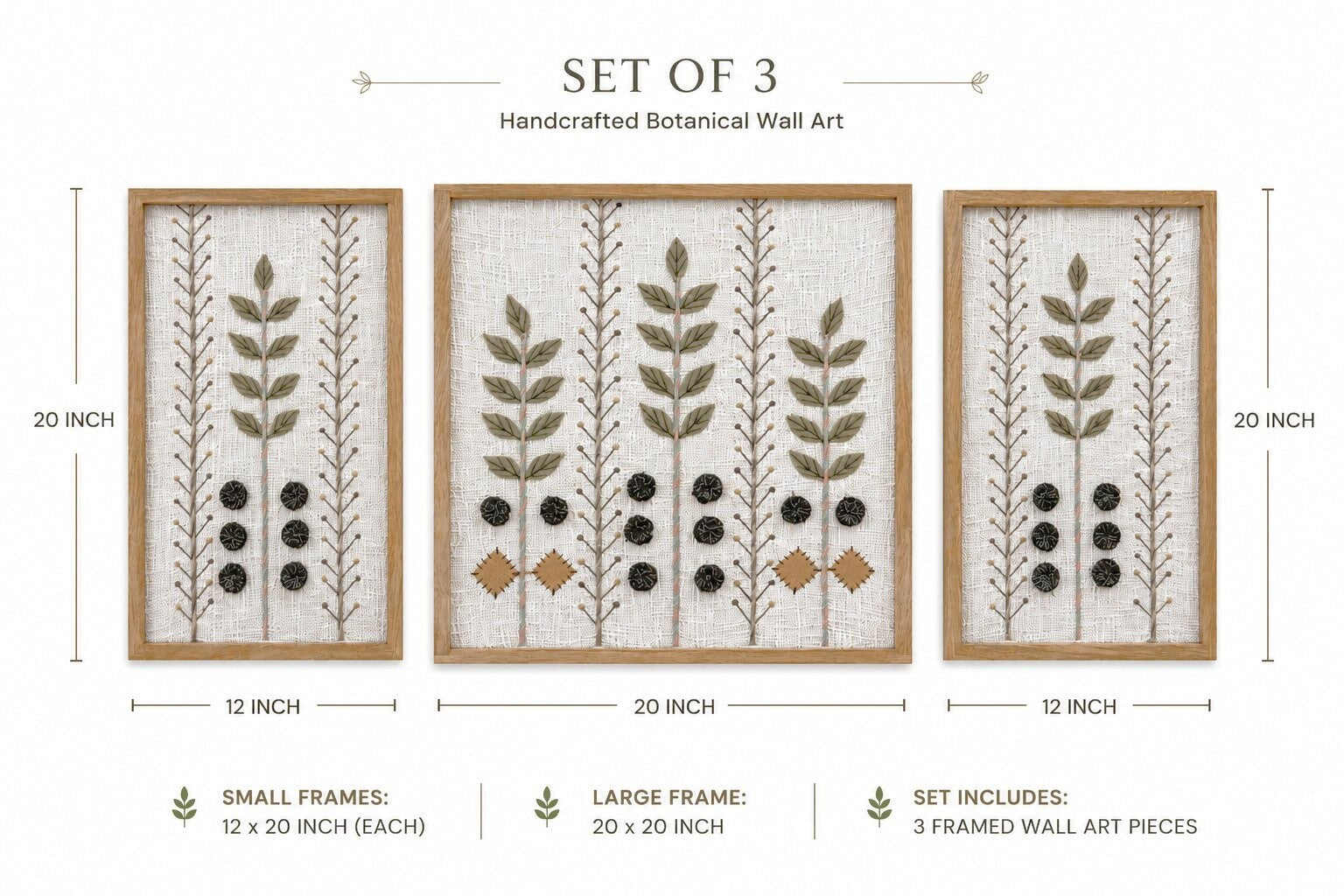 Hand Embroidered Botanical Wall Art Set of 3 – Woodland Olive
