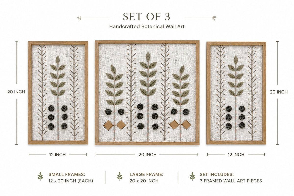 Hand Embroidered Botanical Wall Art Set of 3 – Woodland Olive