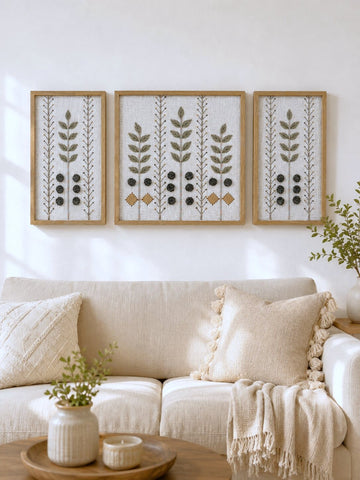 Hand Embroidered Botanical Wall Art Set of 3 – Woodland Olive