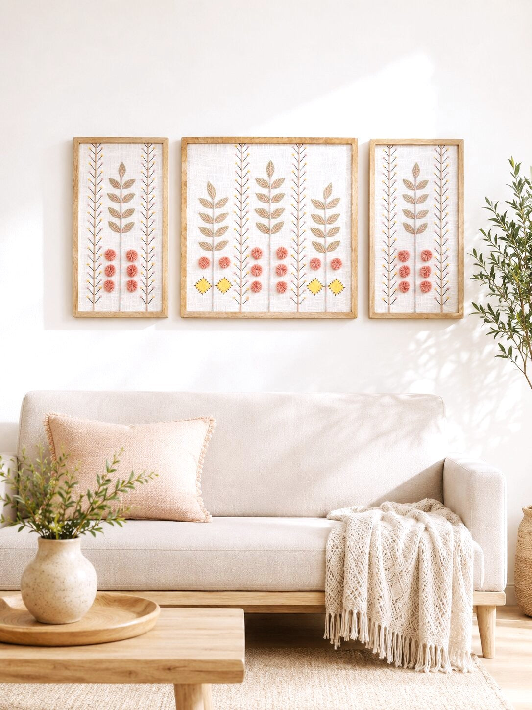 Hand Embroidered Botanical Wall Art Set of 3 – Rose Garden