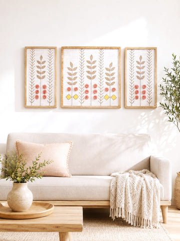 Hand Embroidered Botanical Wall Art Set of 3 – Rose Garden