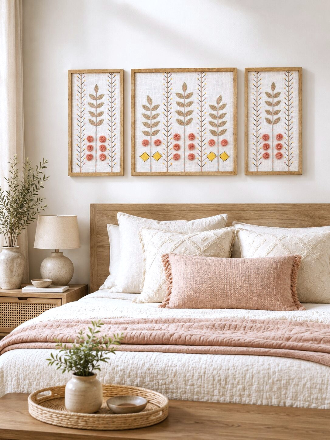 Hand Embroidered Botanical Wall Art Set of 3 – Rose Garden