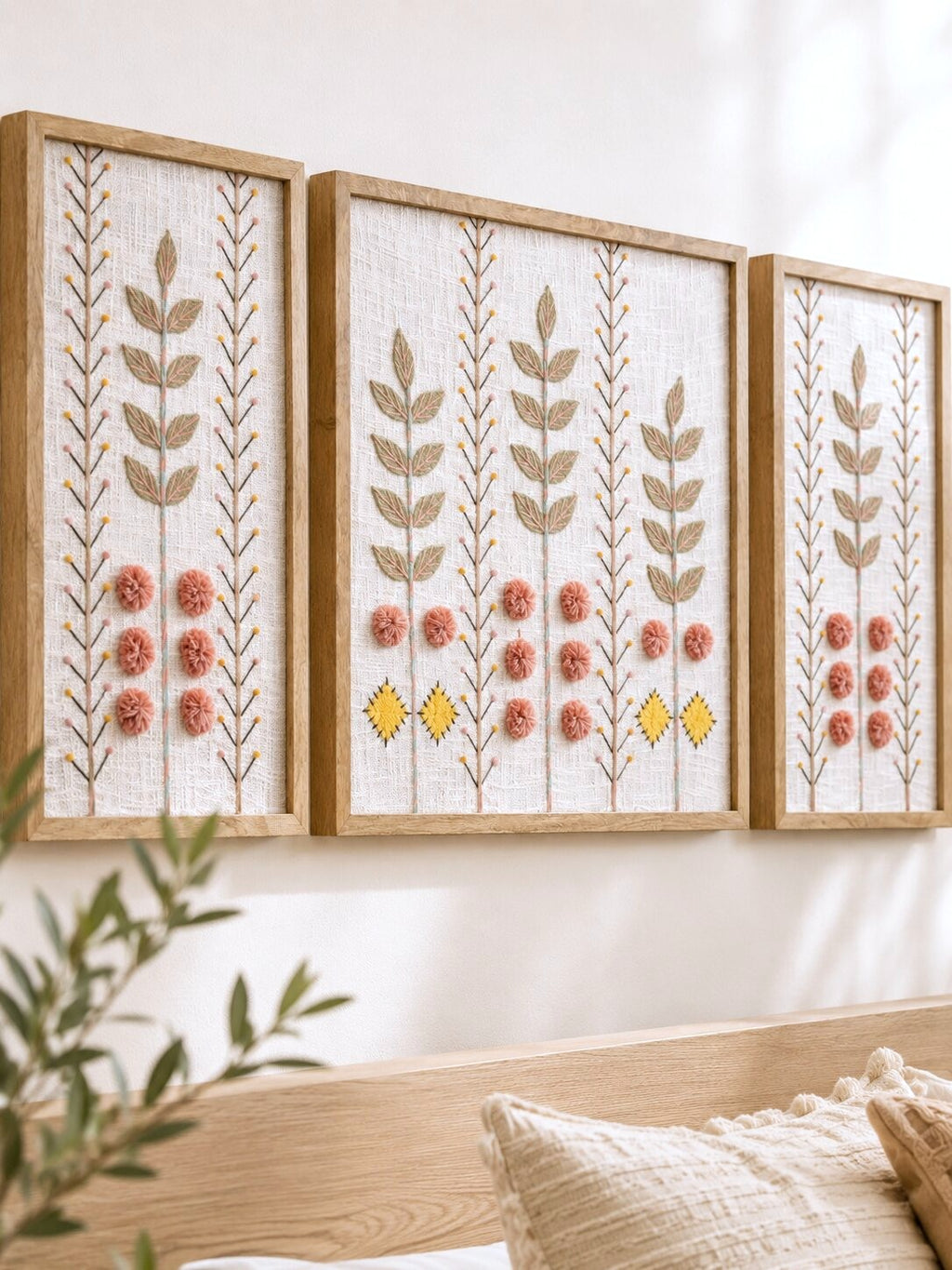 Hand Embroidered Botanical Wall Art Set of 3 – Rose Garden