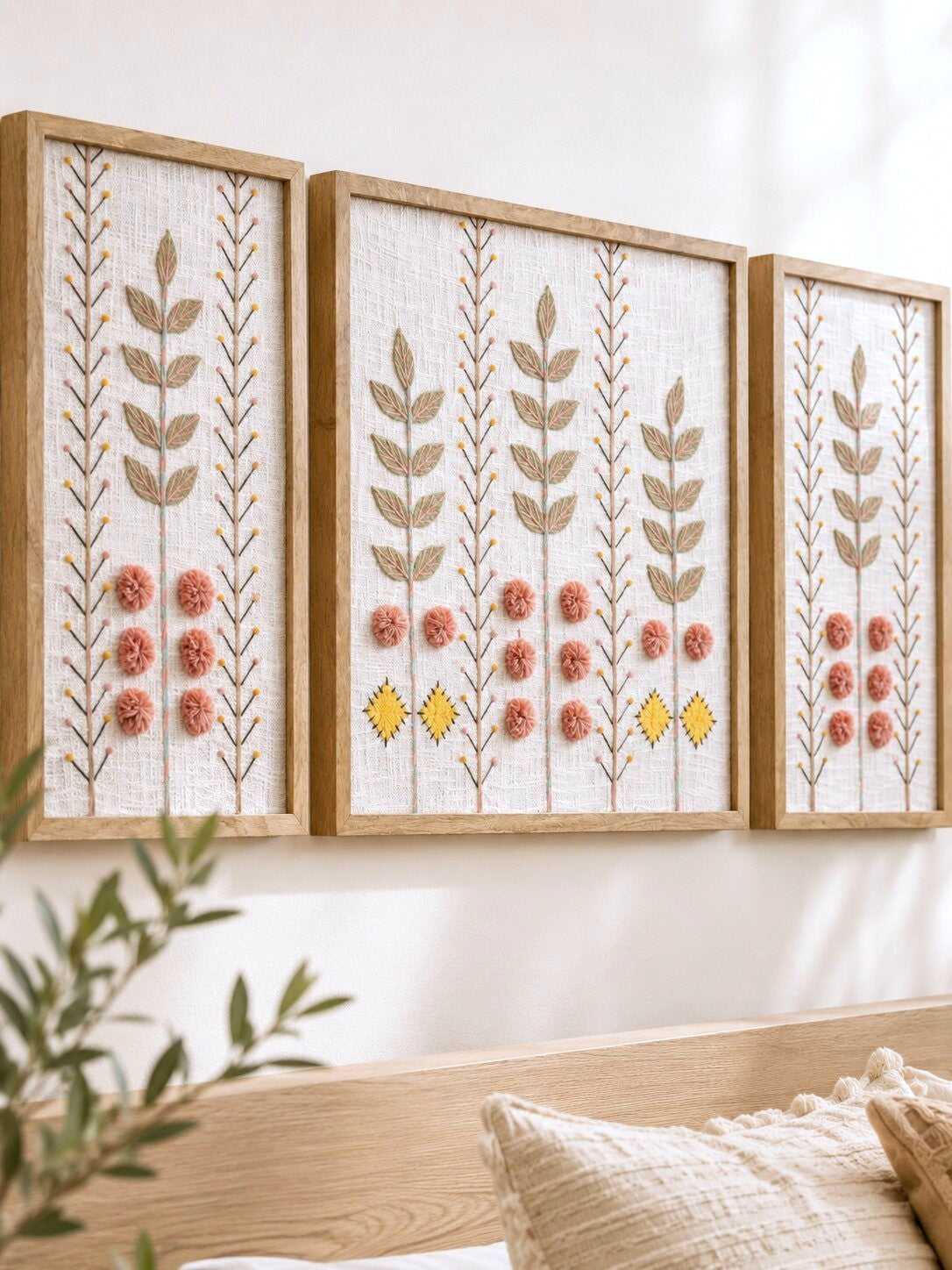 Hand Embroidered Botanical Wall Art Set of 3 – Rose Garden