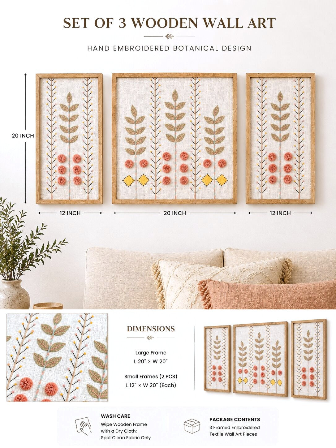 Hand Embroidered Botanical Wall Art Set of 3 – Rose Garden