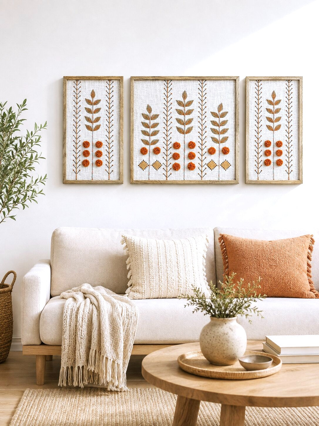 Hand Embroidered Botanical Wall Art Set of 3 – Terracotta Bloom