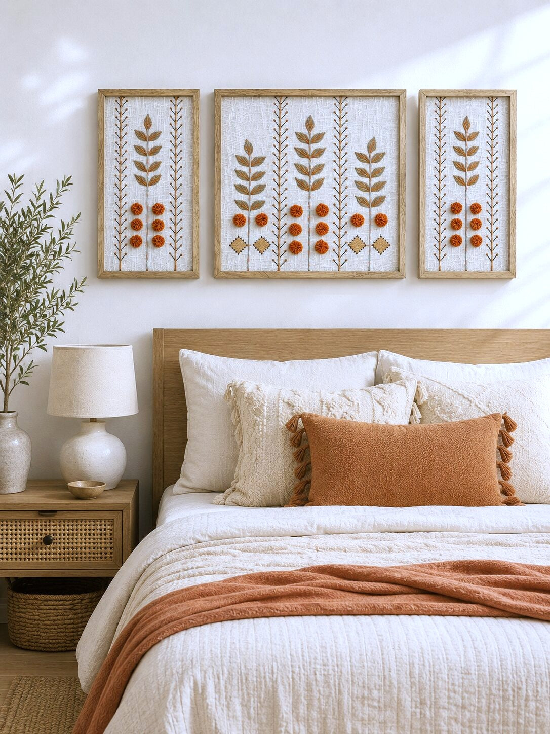 Hand Embroidered Botanical Wall Art Set of 3 – Terracotta Bloom
