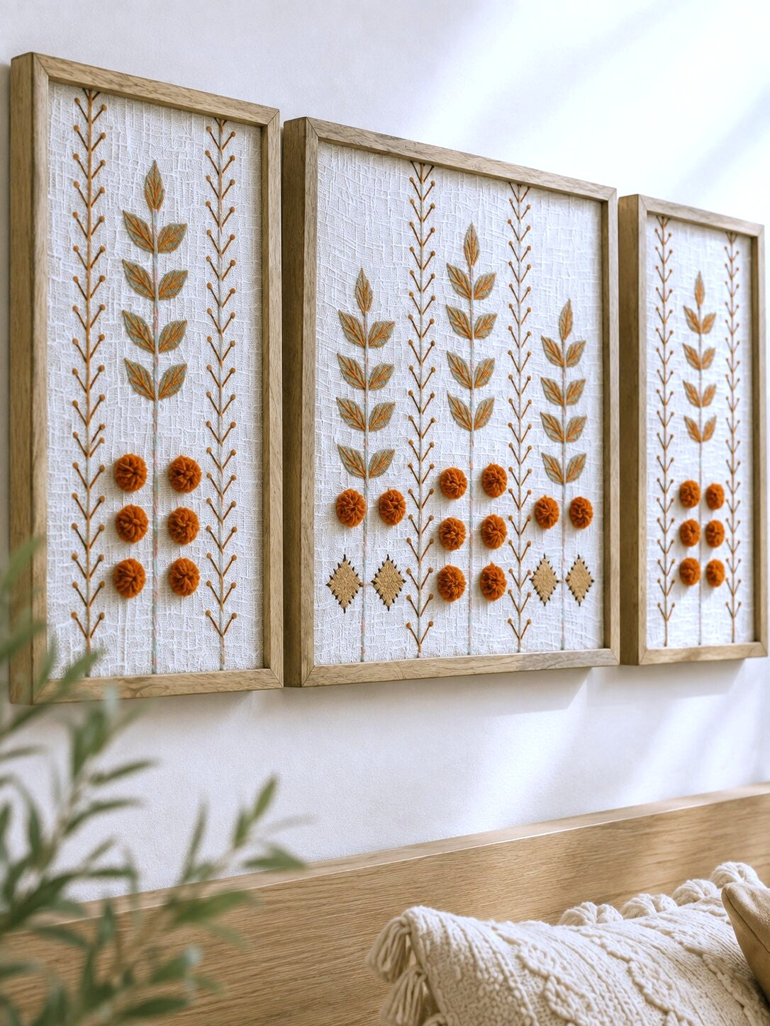 Hand Embroidered Botanical Wall Art Set of 3 – Terracotta Bloom