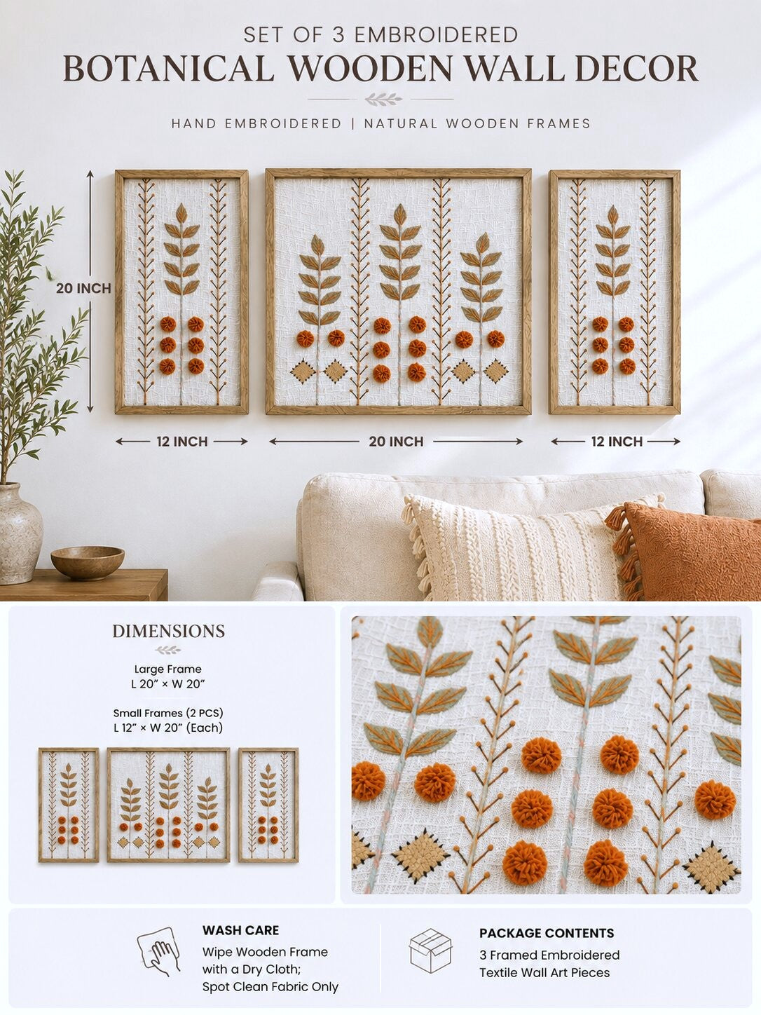 Hand Embroidered Botanical Wall Art Set of 3 – Terracotta Bloom