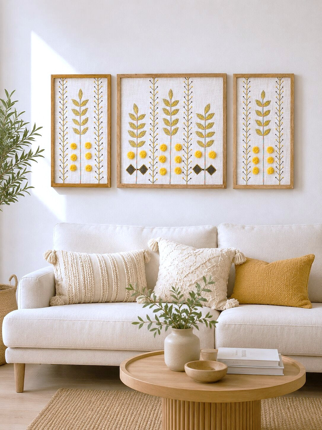 Hand Embroidered Botanical Wall Art Set of 3 – Golden Meadow