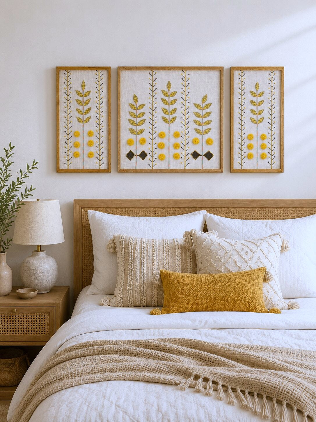 Hand Embroidered Botanical Wall Art Set of 3 – Golden Meadow