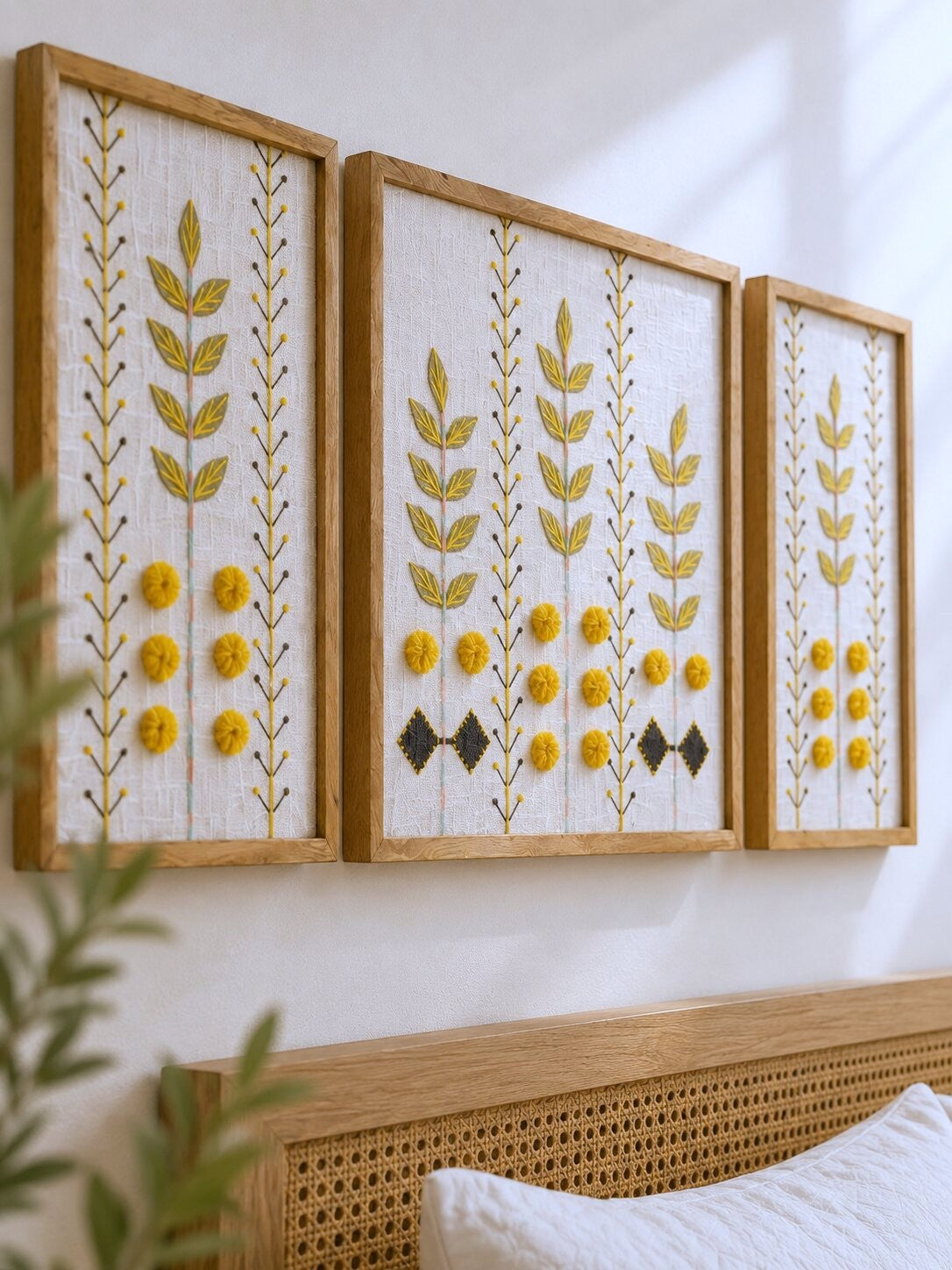 Hand Embroidered Botanical Wall Art Set of 3 – Golden Meadow