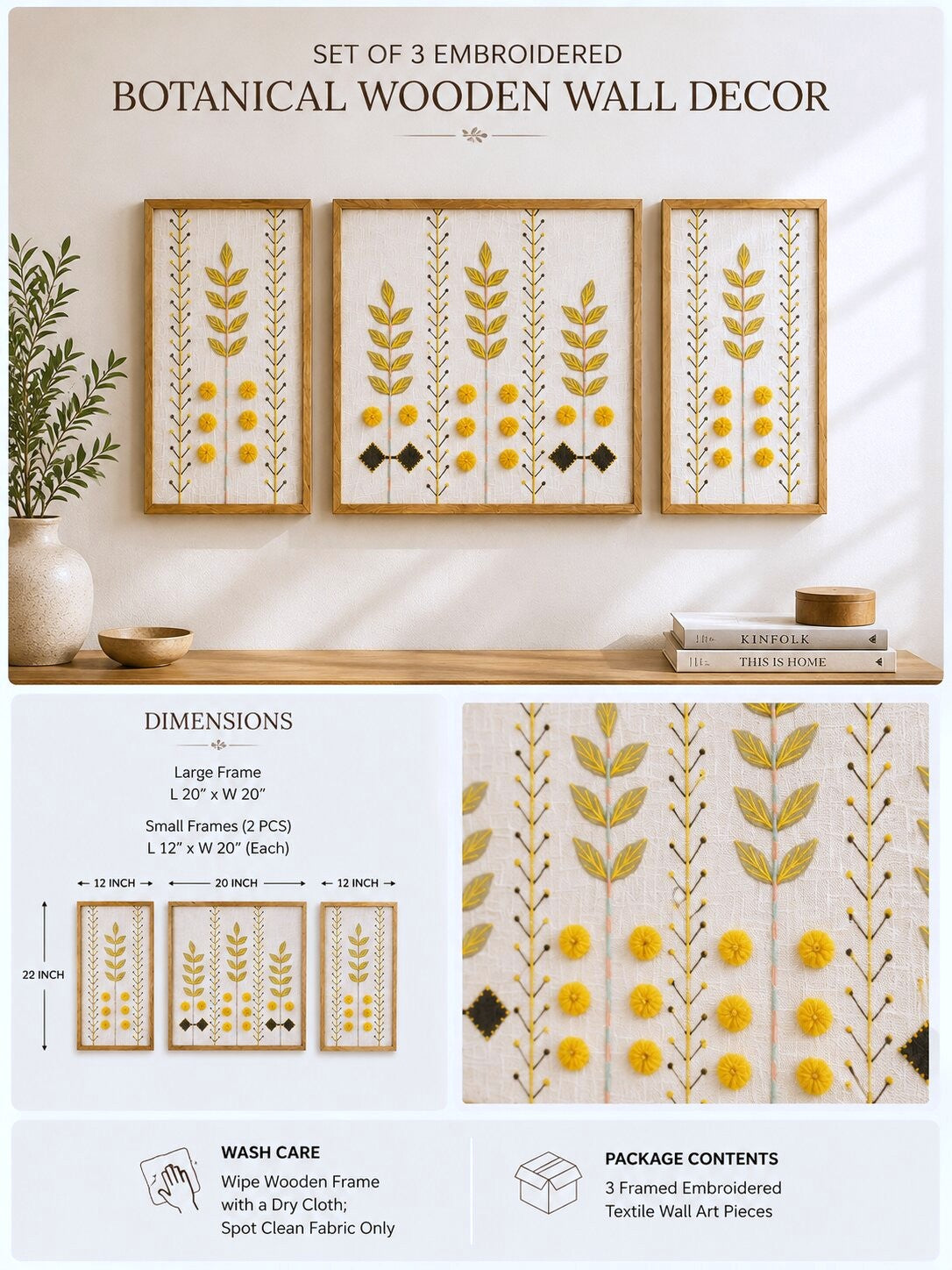Hand Embroidered Botanical Wall Art Set of 3 – Golden Meadow