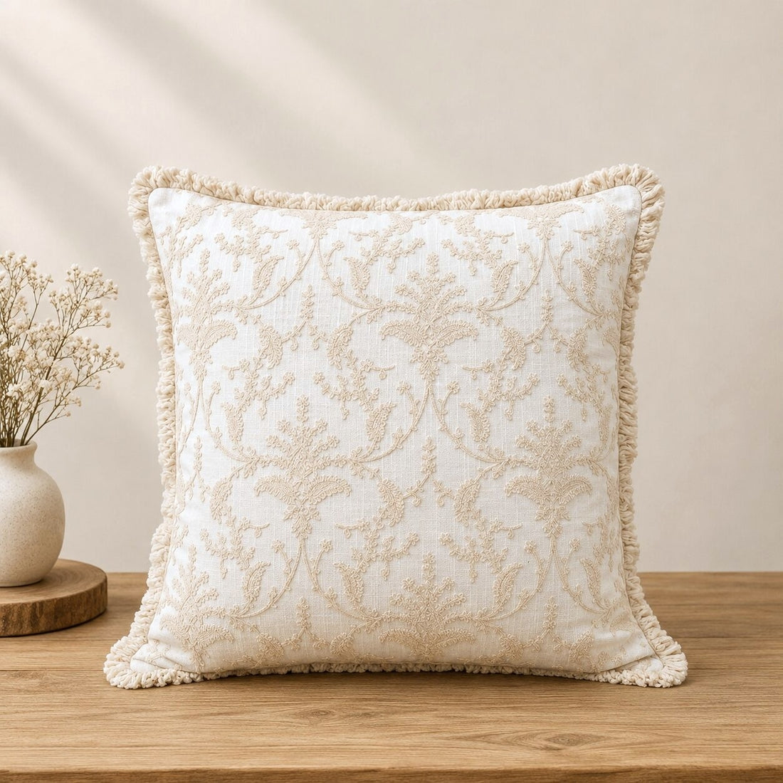 Ivory Garden Fringed Embroidered Cotton Cushion Cover – Set of 2