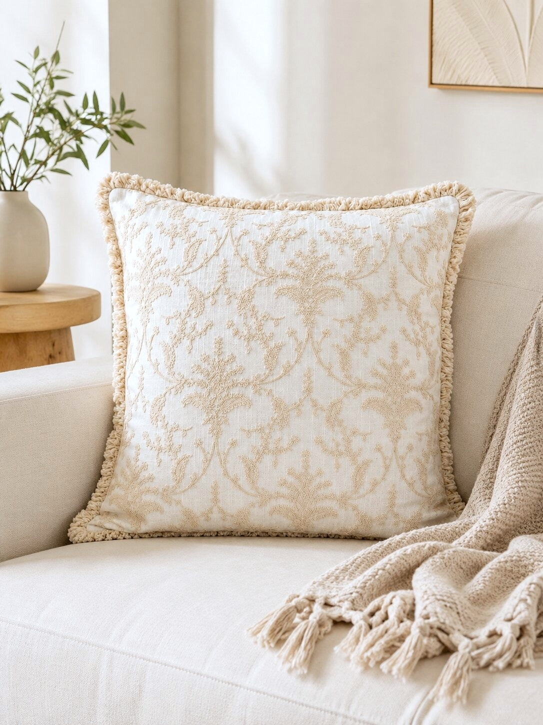 Ivory Garden Fringed Embroidered Cotton Cushion Cover – Set of 2