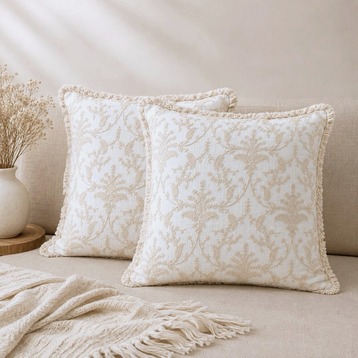 Ivory Garden Fringed Embroidered Cotton Cushion Cover – Set of 2