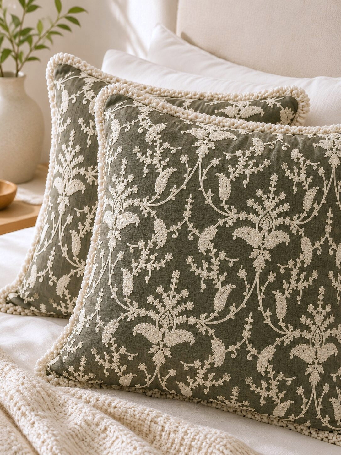 Olive Garden Fringed Embroidered Cotton Cushion Cover – Set of 2
