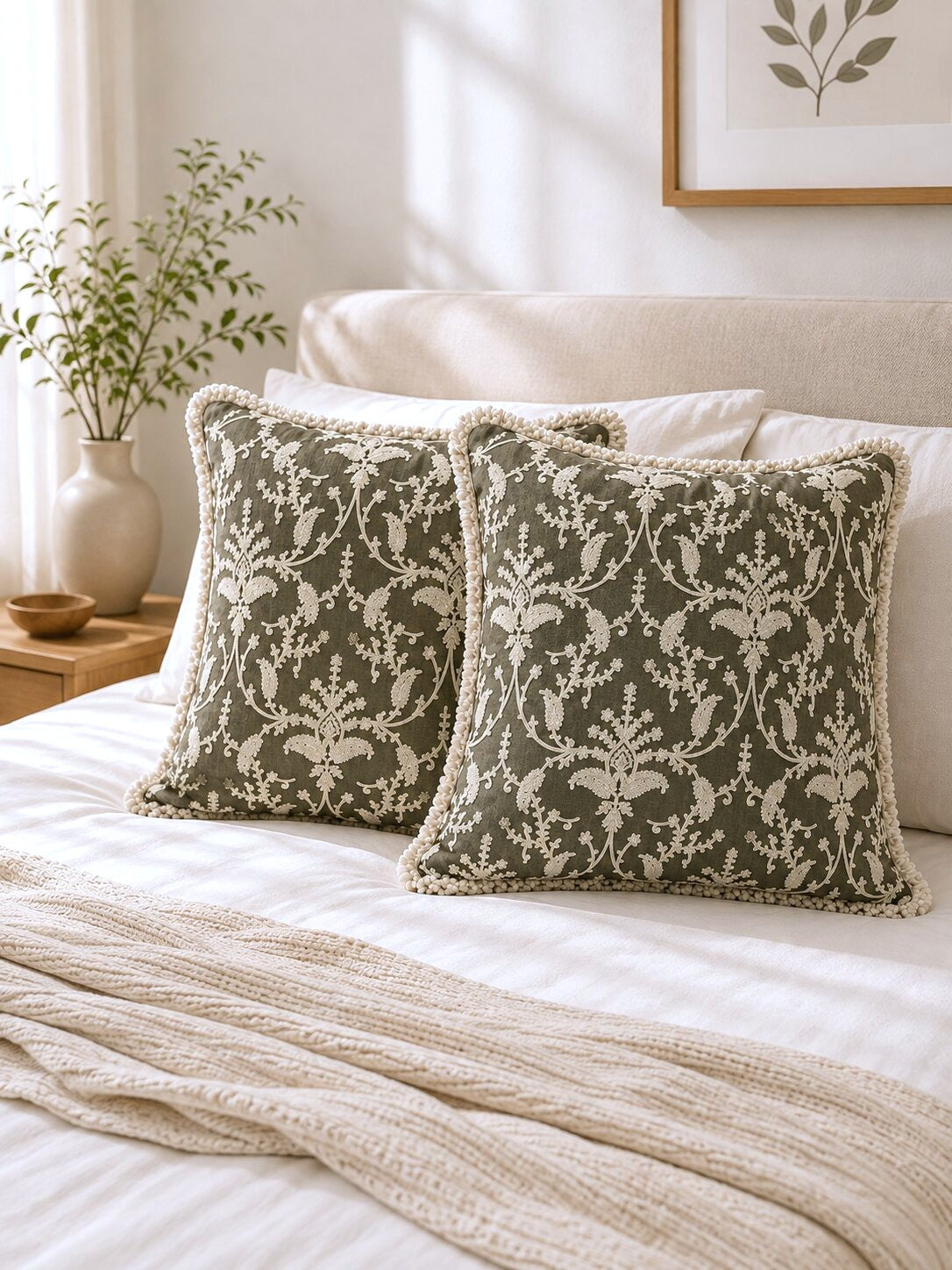 Olive Garden Fringed Embroidered Cotton Cushion Cover – Set of 2