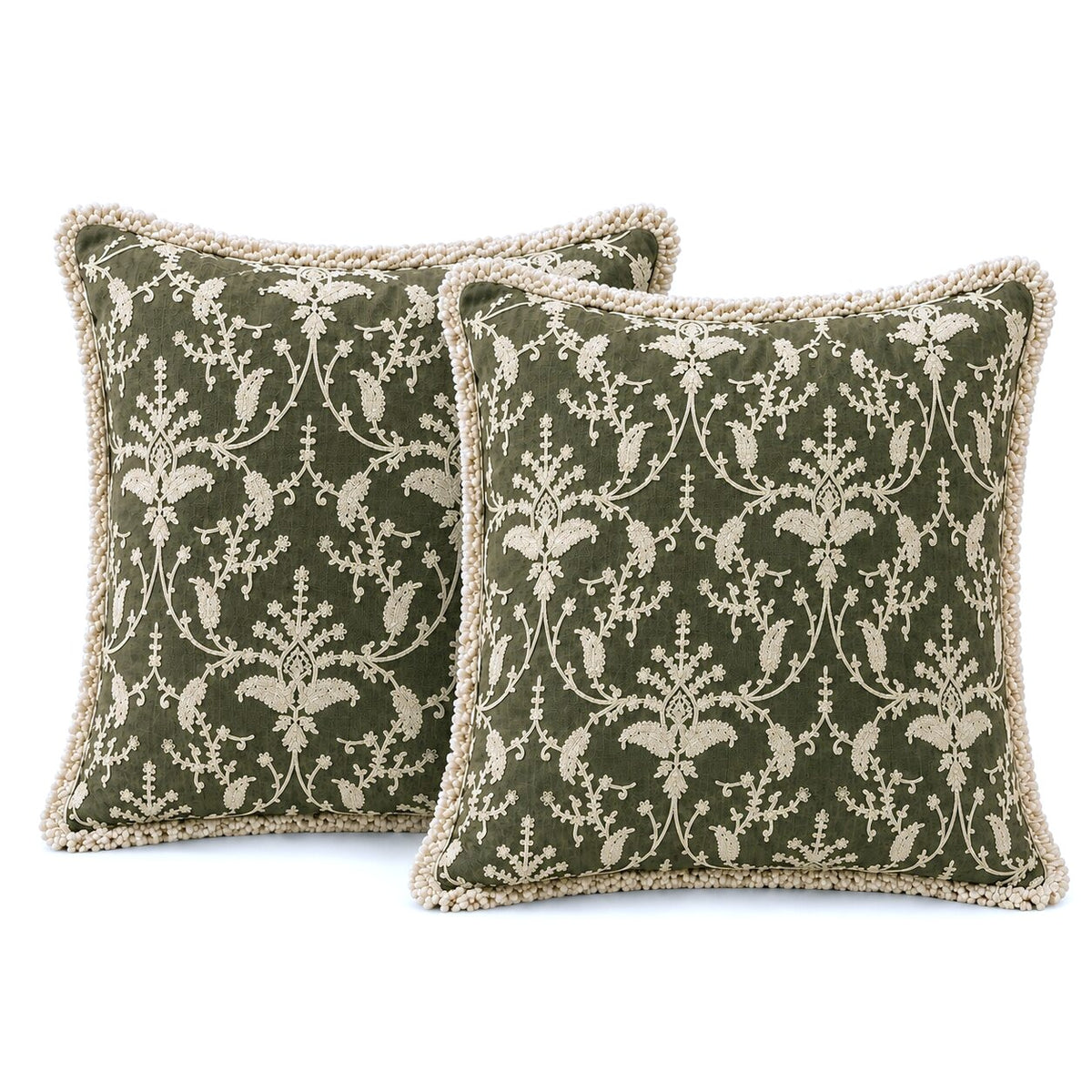 Olive Garden Fringed Embroidered Cotton Cushion Cover – Set of 2