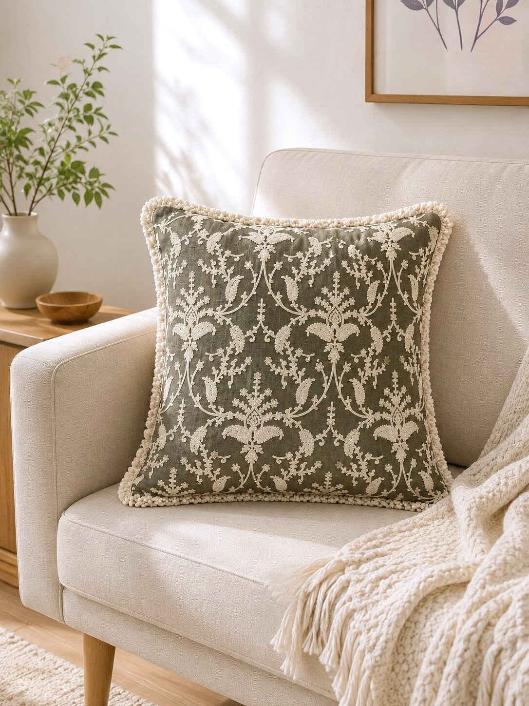 Olive Garden Fringed Embroidered Cotton Cushion Cover – Set of 2