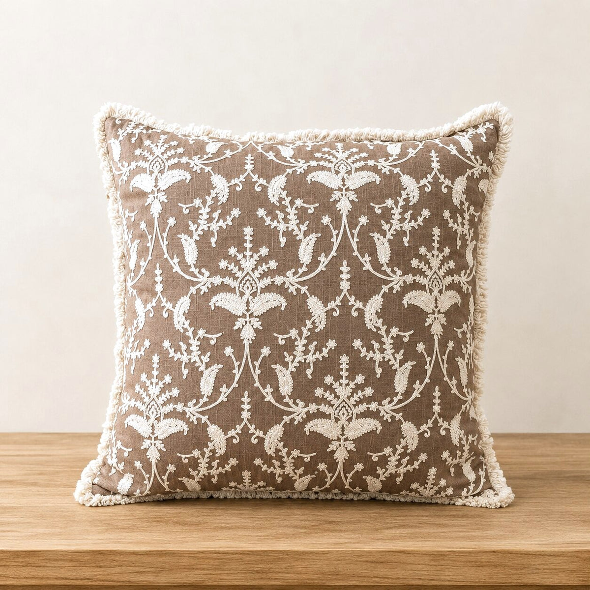 Taupe Garden Fringed Embroidered Cotton Cushion Cover – Set of 2