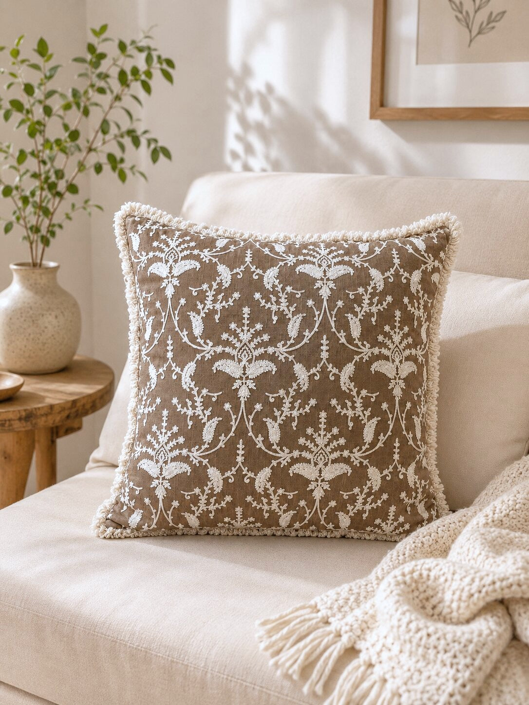 Taupe Garden Fringed Embroidered Cotton Cushion Cover – Set of 2