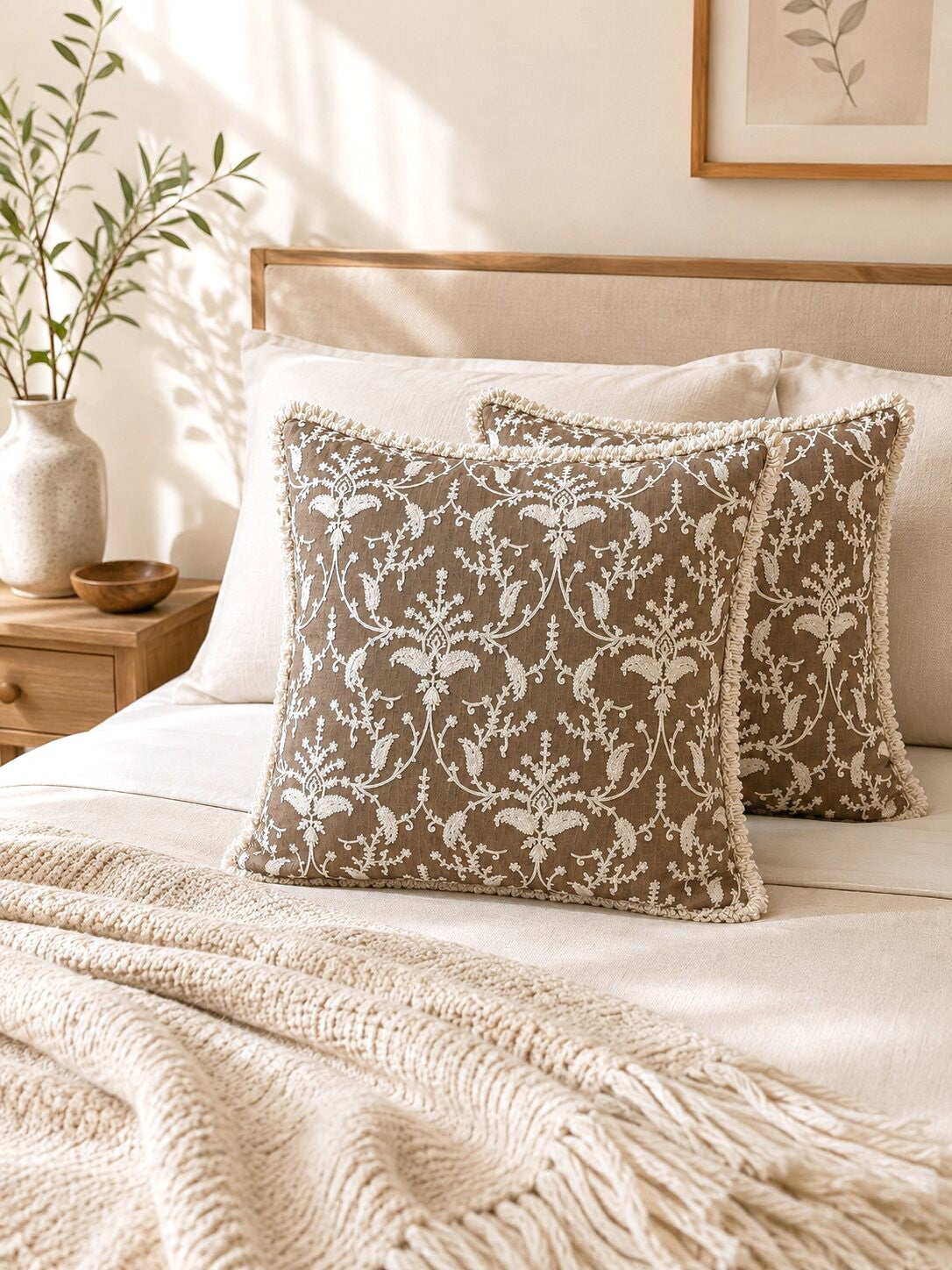 Taupe Garden Fringed Embroidered Cotton Cushion Cover – Set of 2
