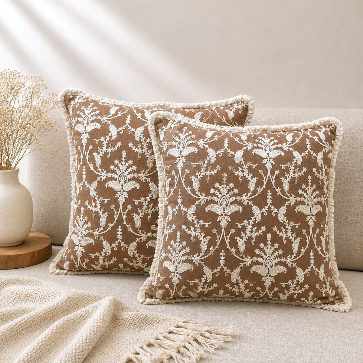 Taupe Garden Fringed Embroidered Cotton Cushion Cover – Set of 2