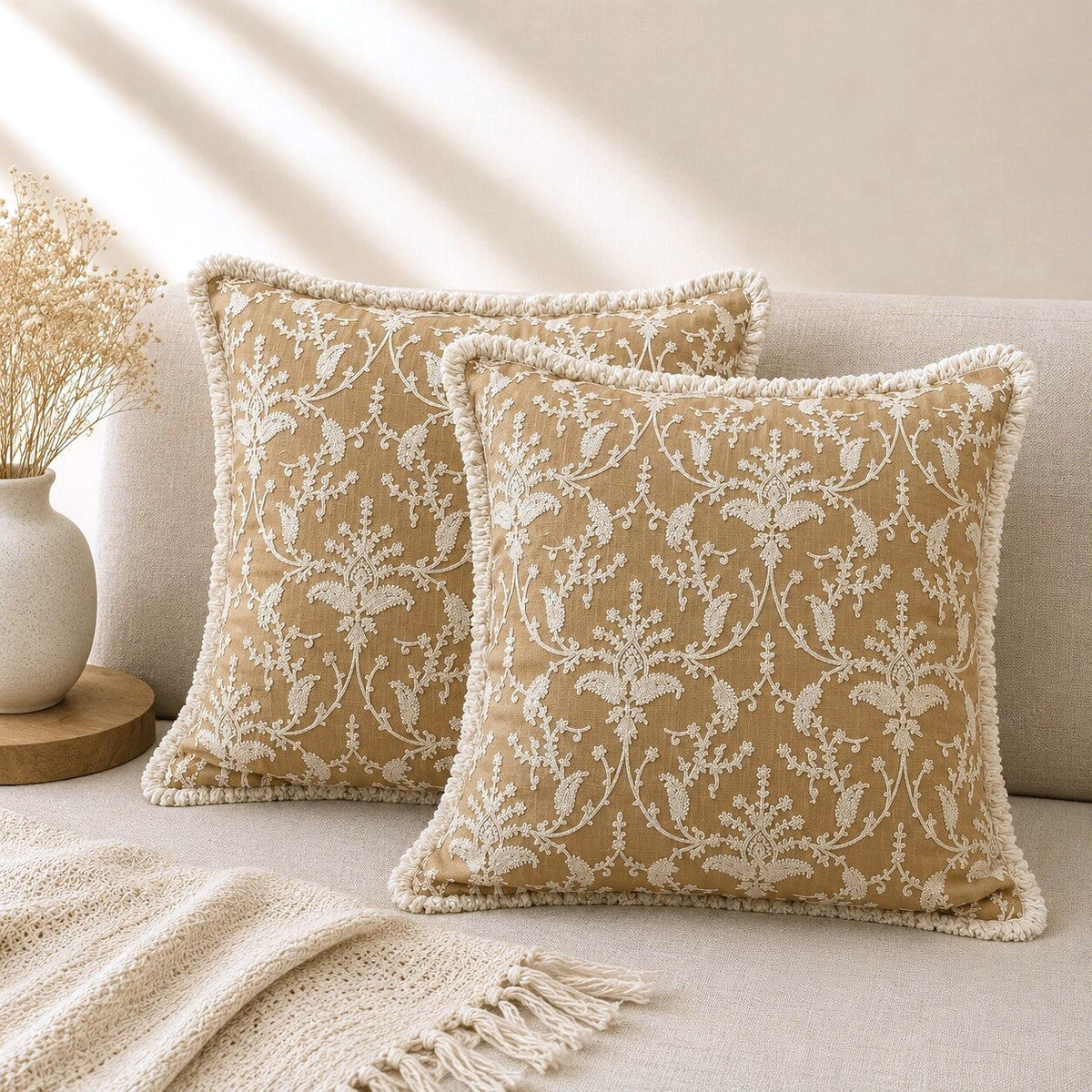 Beige Garden Fringed Embroidered Cotton Cushion Cover – Set of 2