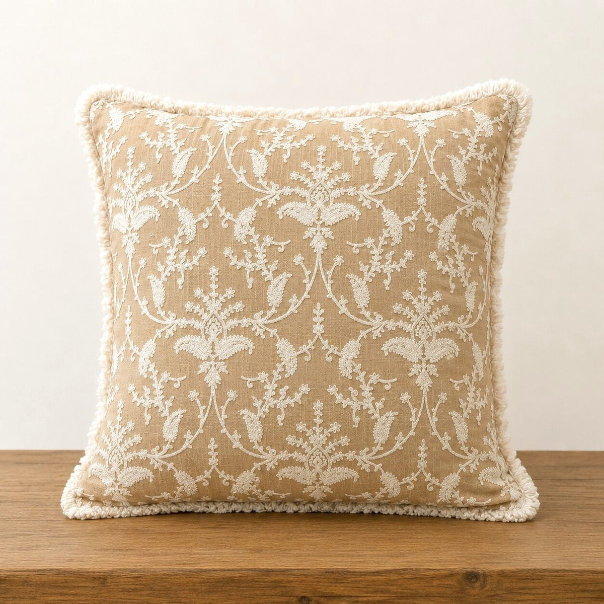Beige Garden Fringed Embroidered Cotton Cushion Cover – Set of 2