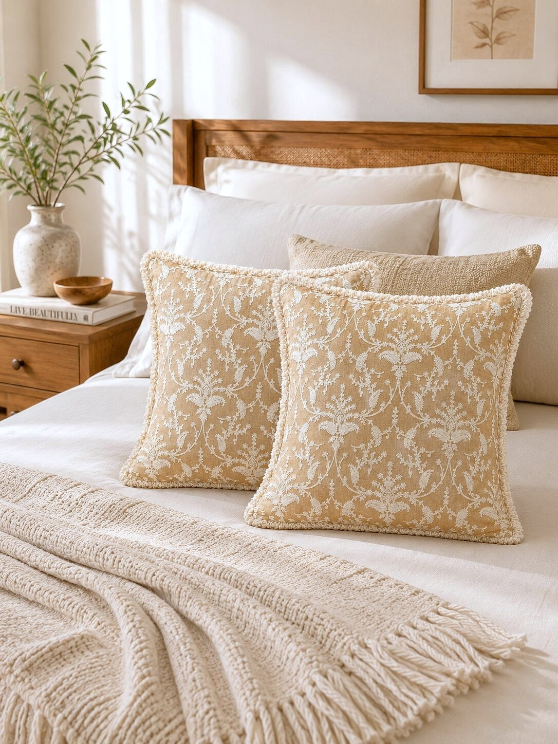 Beige Garden Fringed Embroidered Cotton Cushion Cover – Set of 2