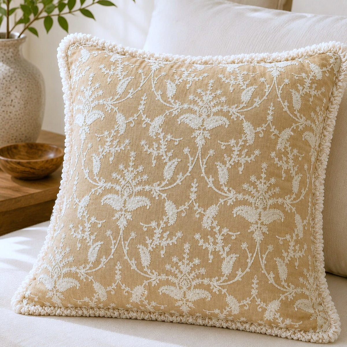Beige Garden Fringed Embroidered Cotton Cushion Cover – Set of 2