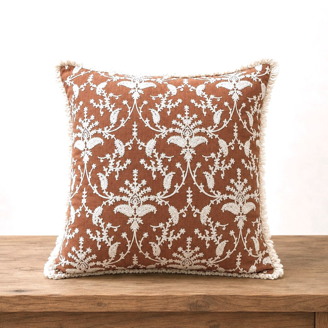 Rust Garden Fringed Embroidered Cotton Cushion Cover – Set of 2