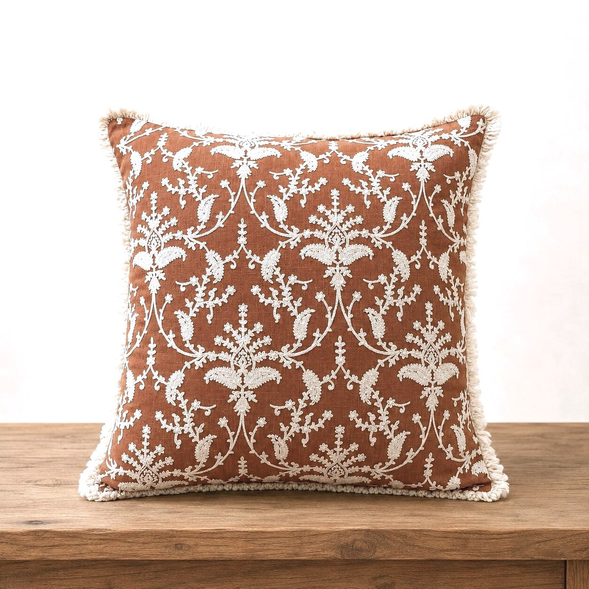 Rust Garden Fringed Embroidered Cotton Cushion Cover – Set of 2