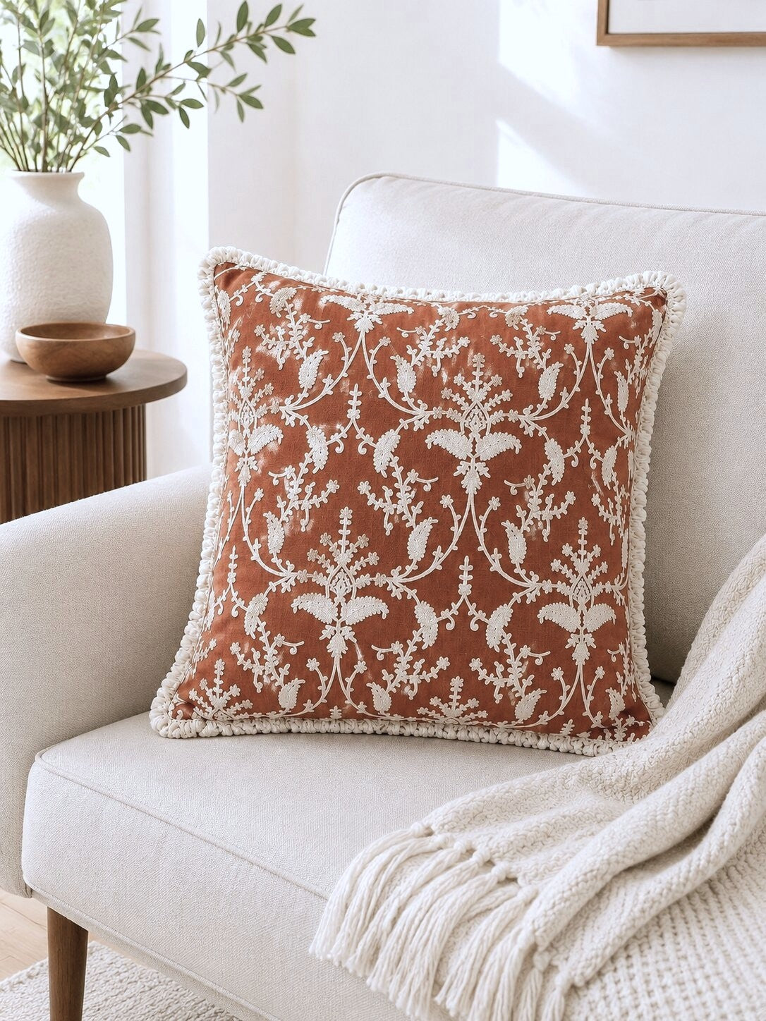 Rust Garden Fringed Embroidered Cotton Cushion Cover – Set of 2