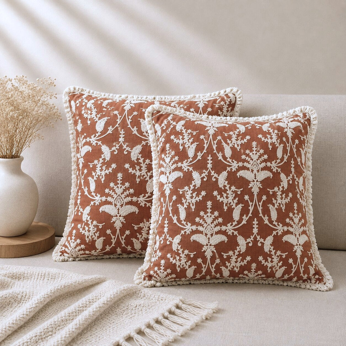 Rust Garden Fringed Embroidered Cotton Cushion Cover – Set of 2