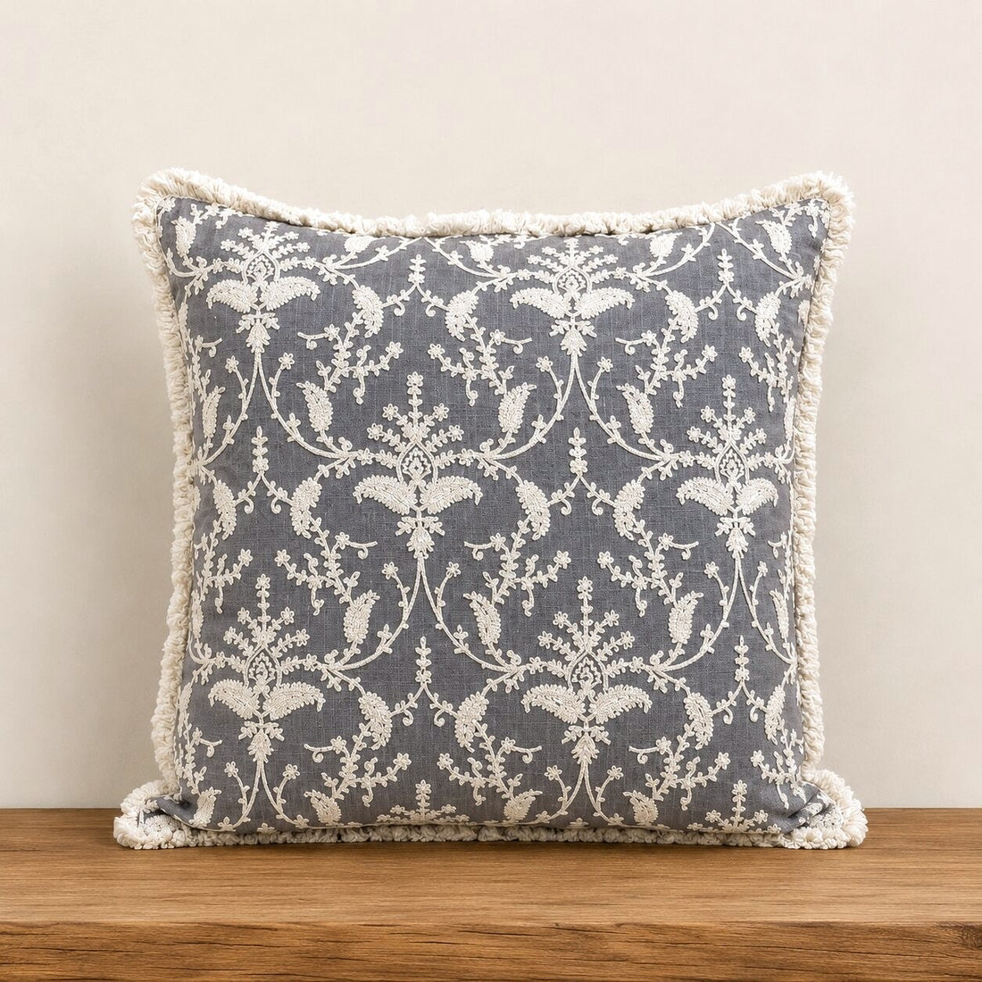 Grey Garden Fringed Embroidered Cotton Cushion Cover – Set of 2