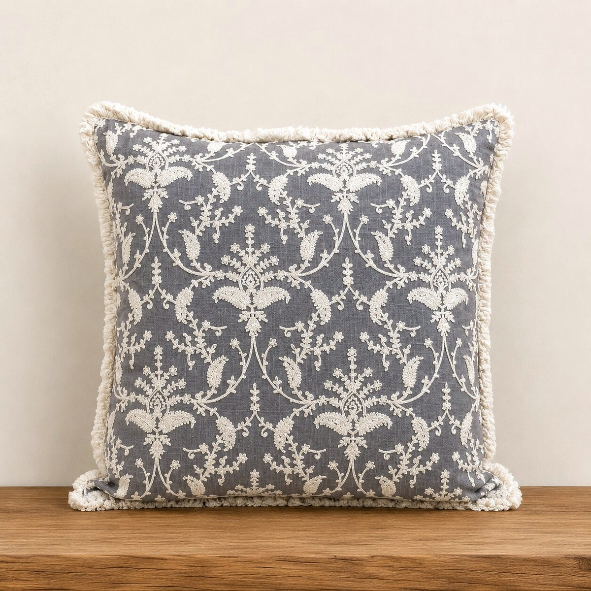 Grey Garden Fringed Embroidered Cotton Cushion Cover – Set of 2
