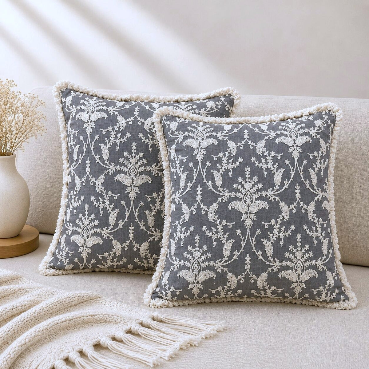 Grey Garden Fringed Embroidered Cotton Cushion Cover – Set of 2