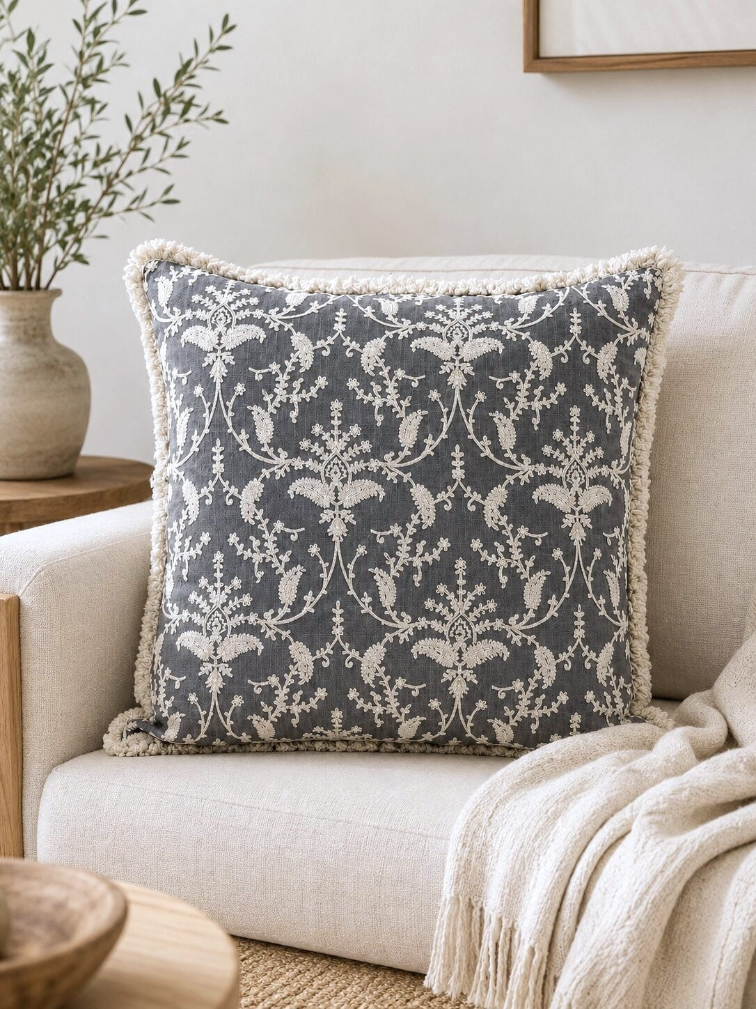 Grey Garden Fringed Embroidered Cotton Cushion Cover – Set of 2