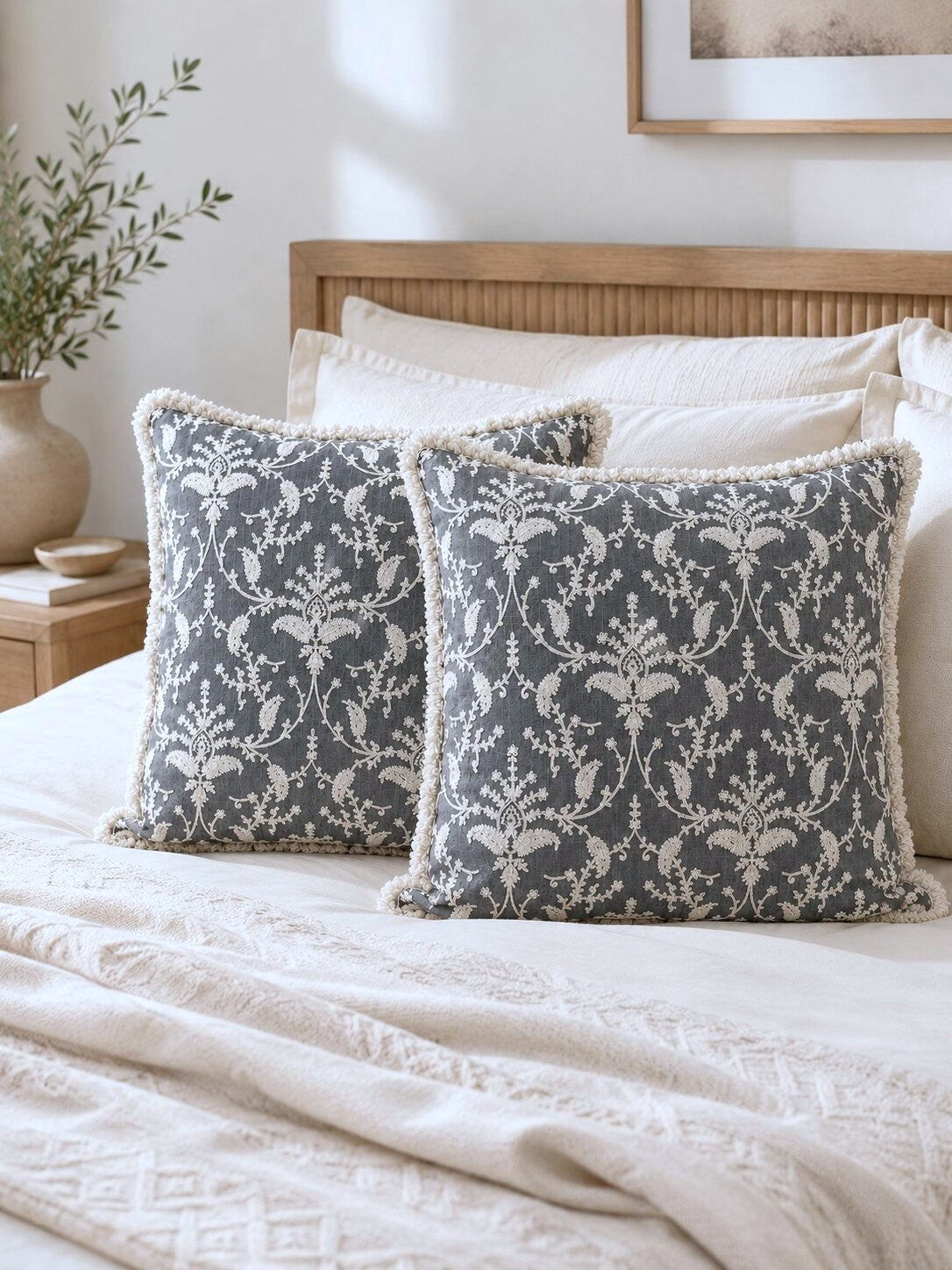 Grey Garden Fringed Embroidered Cotton Cushion Cover – Set of 2