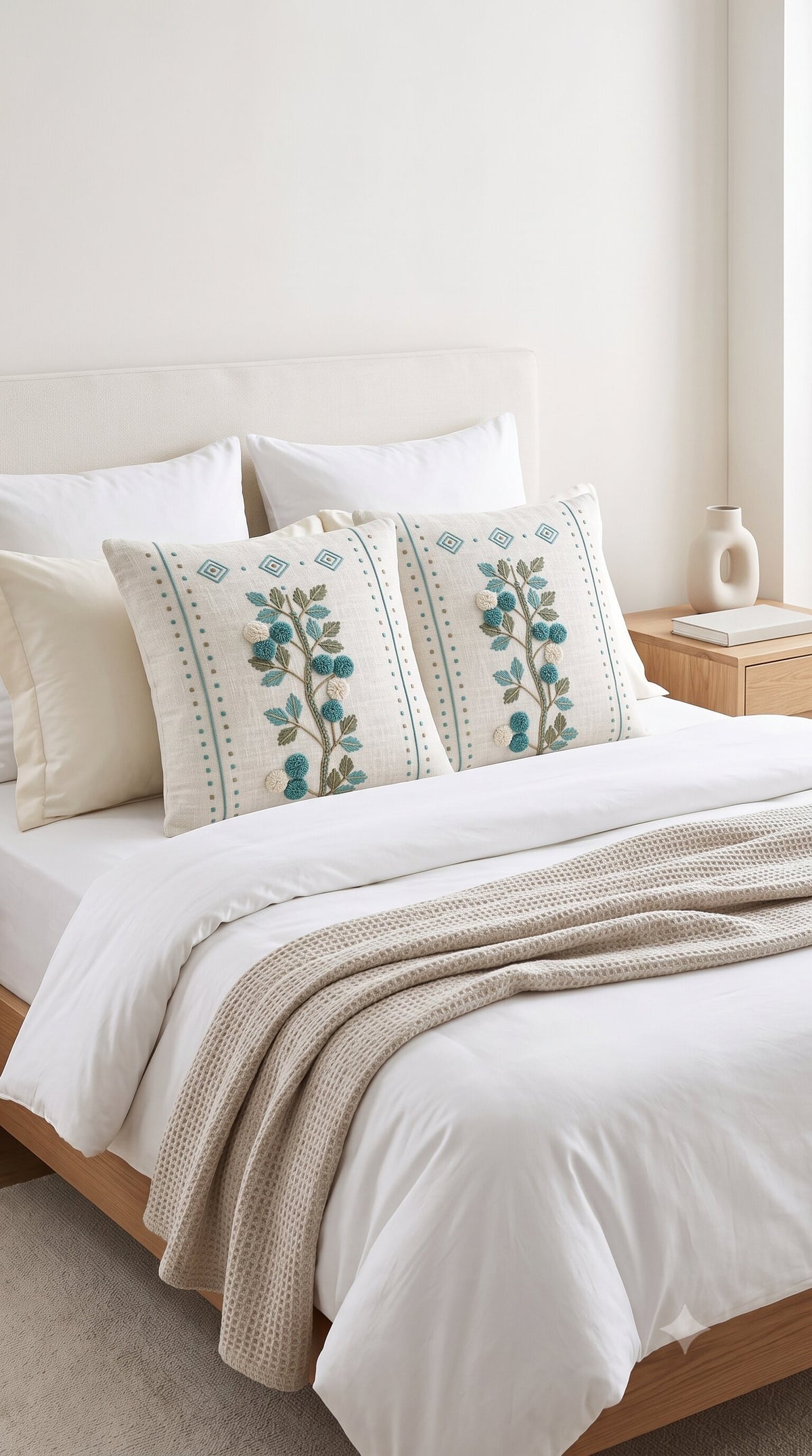 Aqua Bloom Hand-Embroidered Cotton Cushion Cover – Set of 2