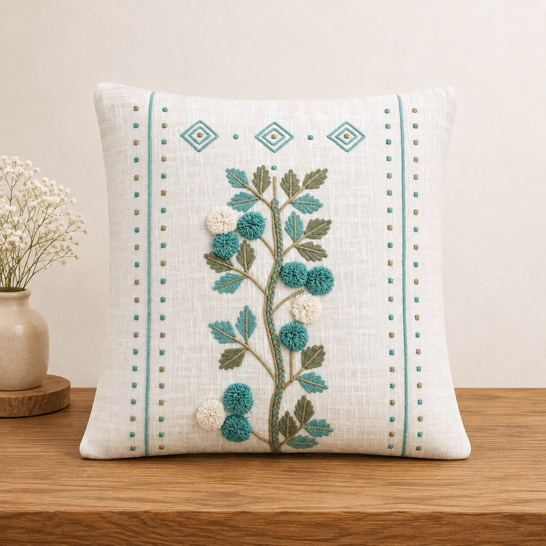 Aqua Bloom Hand-Embroidered Cotton Cushion Cover – Set of 2