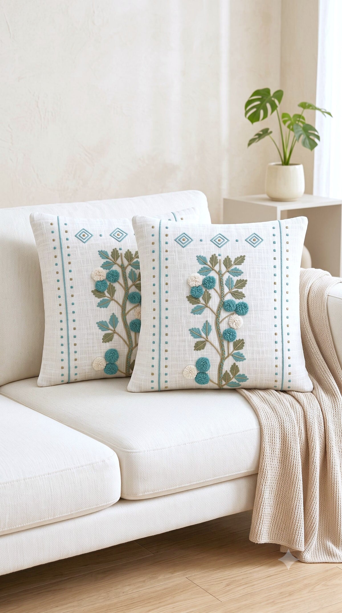 Aqua Bloom Hand-Embroidered Cotton Cushion Cover – Set of 2