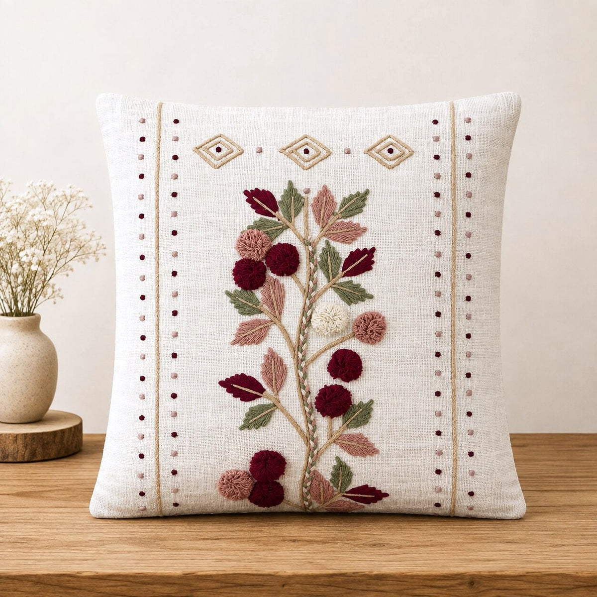 Roselle Garden Hand-Embroidered Cotton Cushion Cover – Set of 2